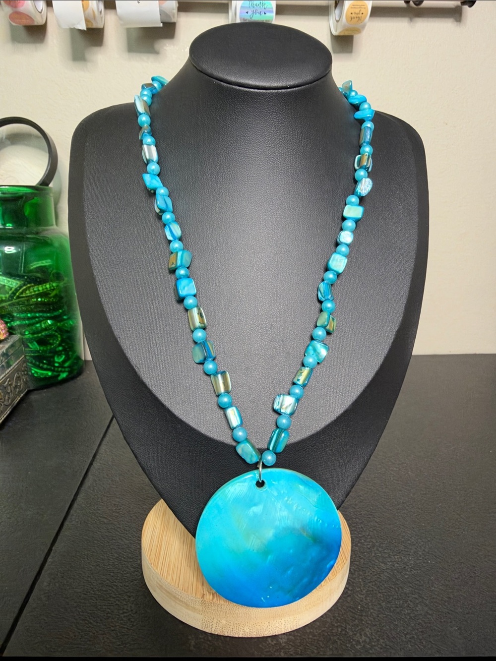 Turquoise Beaded Necklace with Large Round Shell Pendant